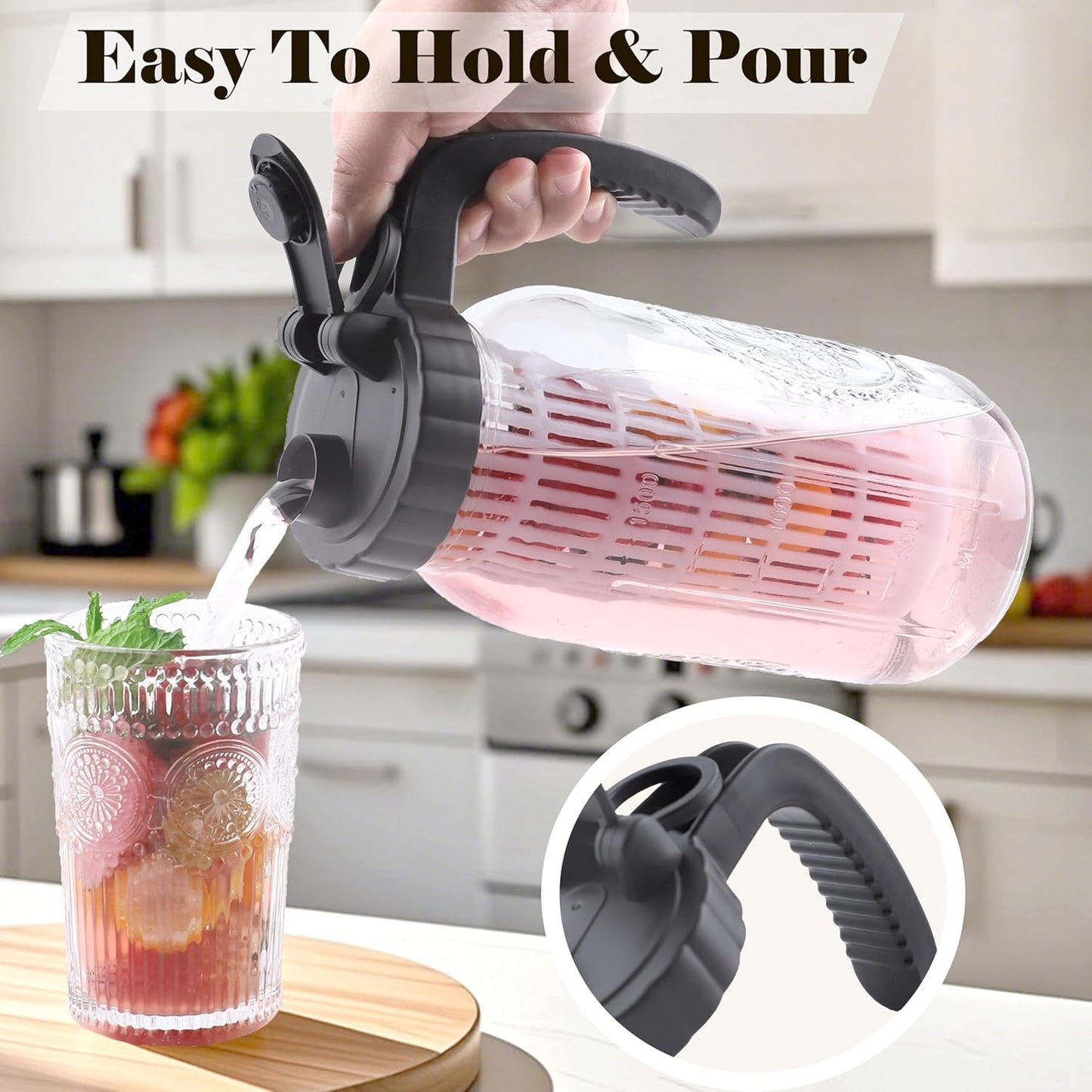 64 Oz Glass Mason Jar Water Pitcher with Infuser 2 Set Half Gallon Water Jug Carafe 2 Quart Pitcher For Cold Hot Tea Coffee Lemonade Homemade Drinks Breast Milk Juice Container For Refrigerator