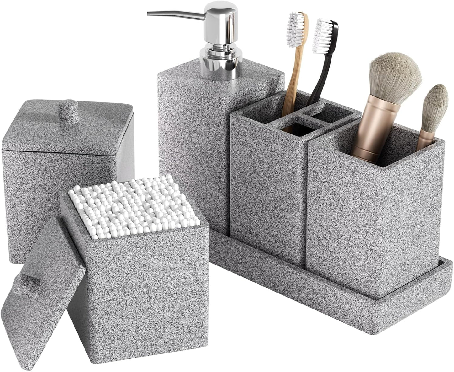 Gray Bathroom Accessories Set Resin 6PCS, Square Toothbrush Holders Set Complete with Soap Dispenser, Vanity Tray, Tumbler, Cups and Cotton Swab Jars for Counter, Sink or Small Spaces
