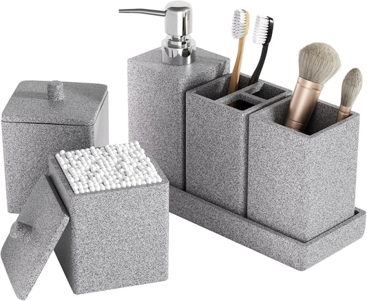 Gray Bathroom Accessories Set Resin 6PCS, Square Toothbrush Holders Set Complete with Soap Dispenser, Vanity Tray, Tumbler, Cups and Cotton Swab Jars for Counter, Sink or Small Spaces