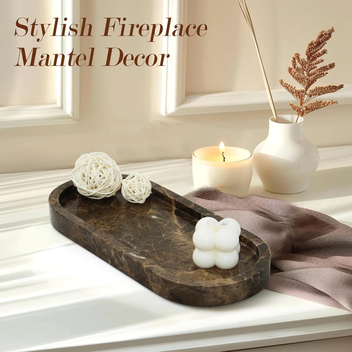 100% Real Natural Marble Tray for Bathroom, Luxury Dark Brown Stone Vanity Tray, Decorative Oval Trays for Countertop Storage Organizer, Vanity Dresser Kitchen Home Decor, 10.2" x 4.3", Brown