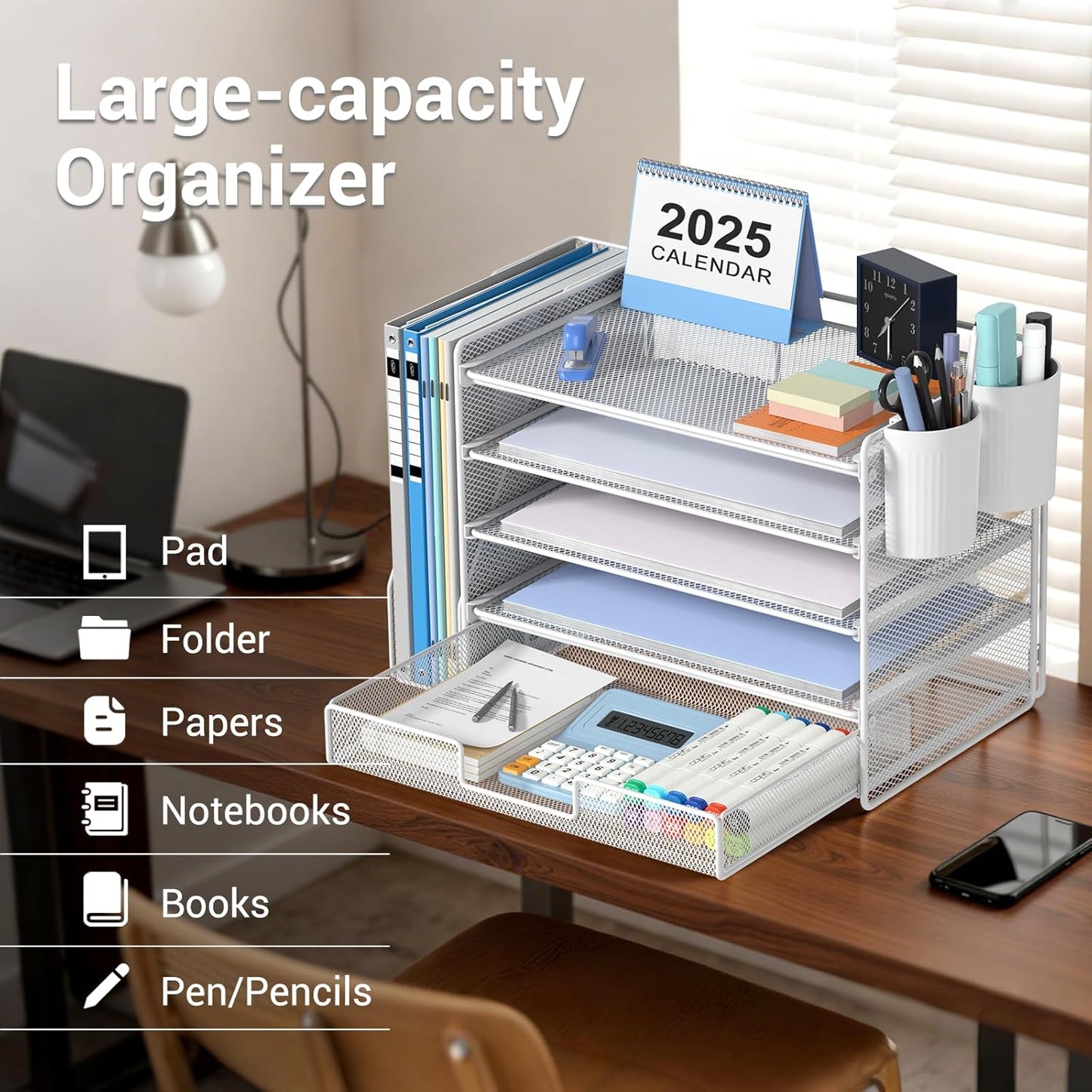 Desk Organizers and Accessories with File Holder, 5-Tier Office Desk Accessories & Workspace Desktop Organizer with Drawer and 2 Pen Holder, File Paper Organizer for Office Supplies(White)