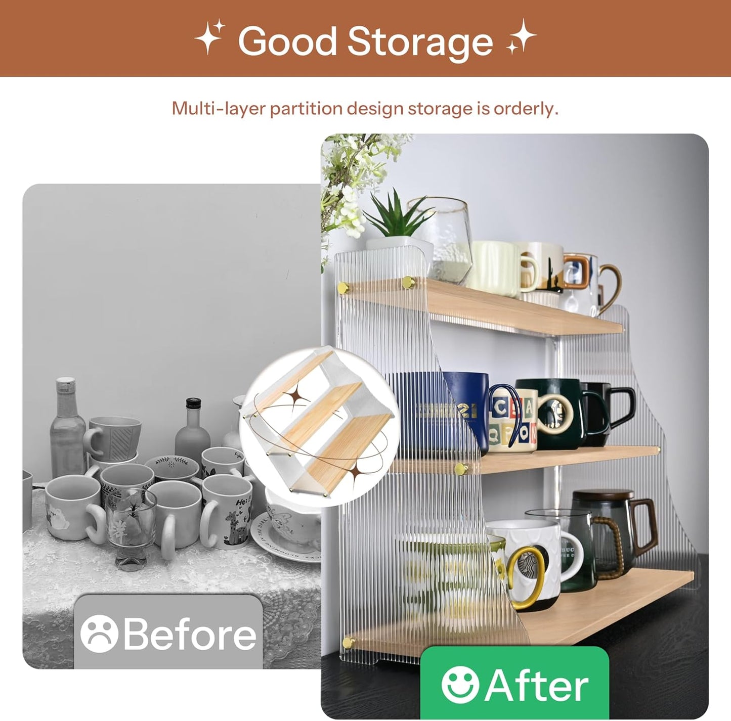 Coffee Mug Holder Wooden Cup Rack,3-Tier Acrylic Home Coffee Mug Display Rack for Kitchen Countertops, Coffee Bars, for Placing Mugs, Coffee Beans, Syrup, Cups, Stirrers ﻿