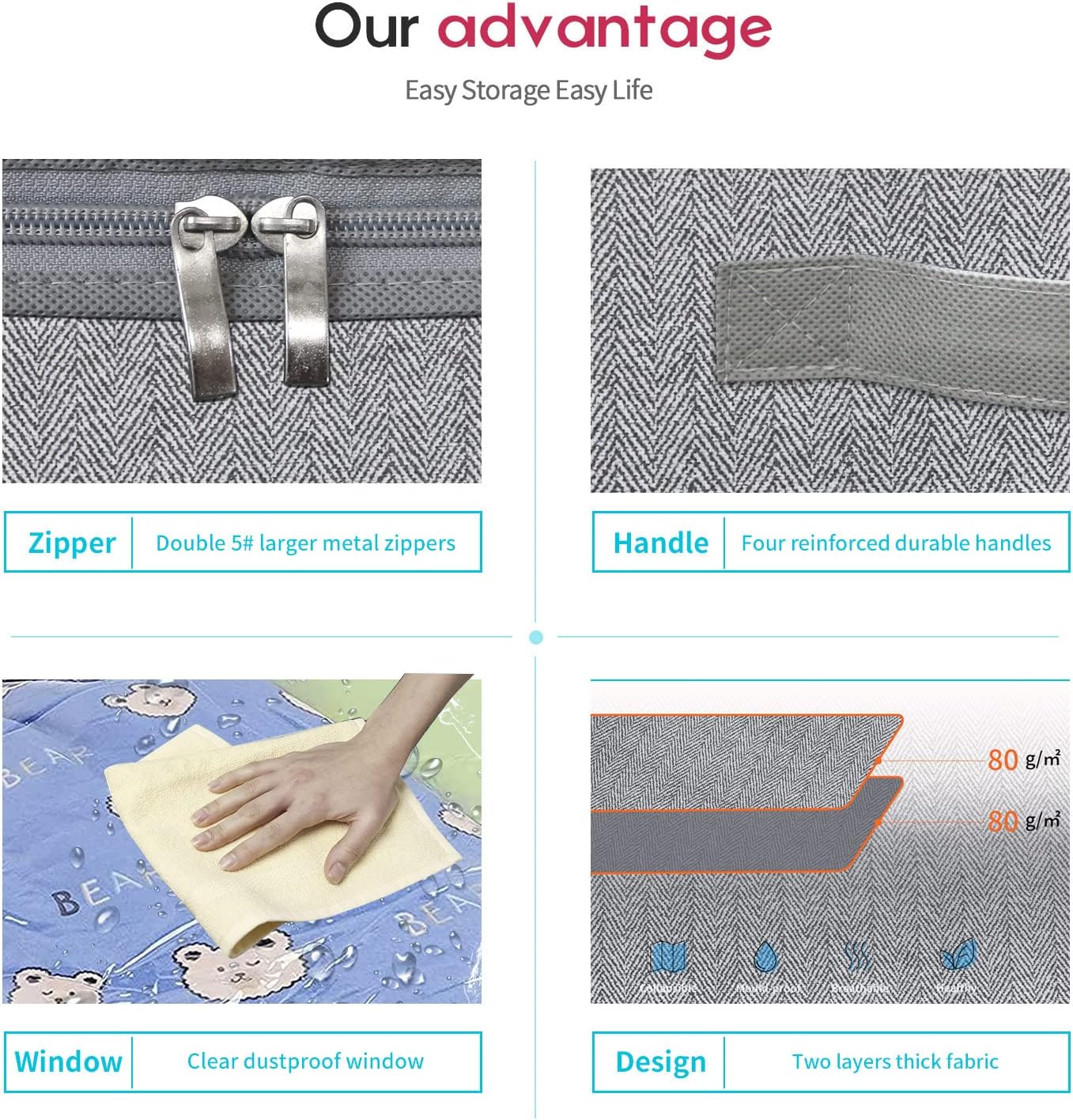 Onlyeasy Underbed Storage Bags Organizer, 4 Pack Large Capacity Under Bed Storage Containers with Reinforced Handles, Foldable Fabric Storage Bins with Clear Window, Herringbone Grey, 7MXRUBBP4