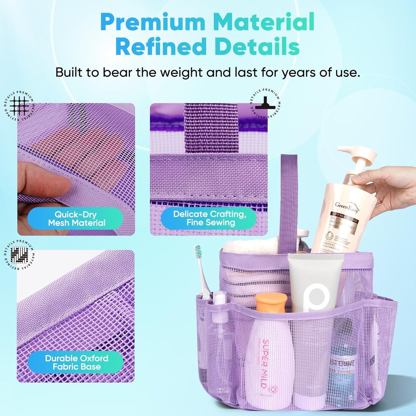 EUDELE Mesh Shower Caddy Portable for College Dorm Room Essentials,Portable Shower Caddy Dorm with 8-Pocket Large Capacity, Shower Bag for Beach, Swimming, Gym-Purple