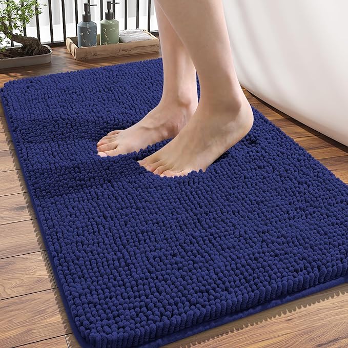 OLANLY Bathroom Rugs 34x21, Extra Soft Absorbent Chenille Bath Rugs, Rubber Backing Quick Dry, Machine Washable Bath Mats for Bathroom Floor, Tub and Shower, Home Decor Accessories, Navy