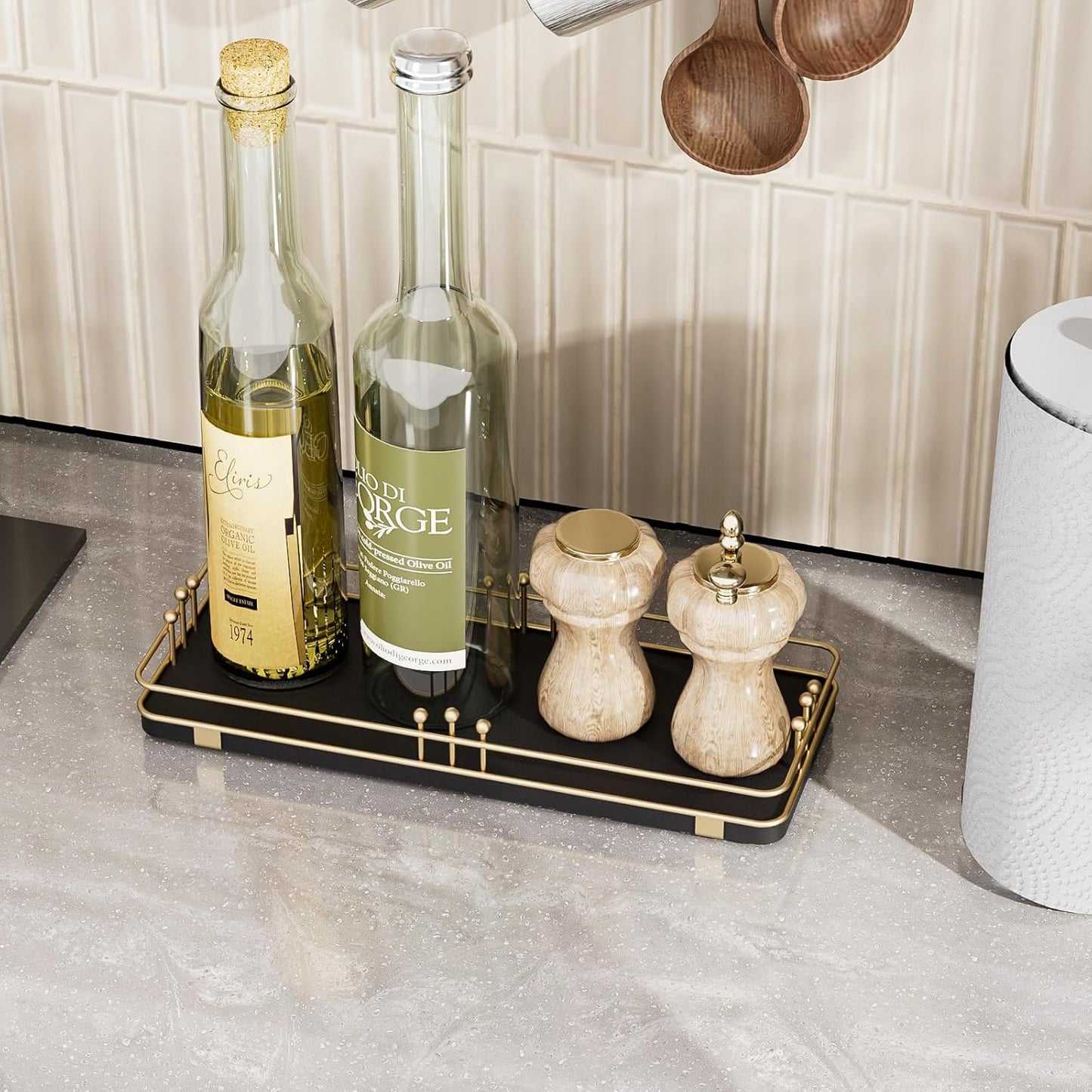 Bathroom Vanity Tray for Countertop Toiletries Perfume Makeup Soap Dispenser Toilet Tank, Kitchen Tray for Salt Spice, Decor Tray for Candle Nightstand Coffee 11.3”x 4.4” Black-Gold