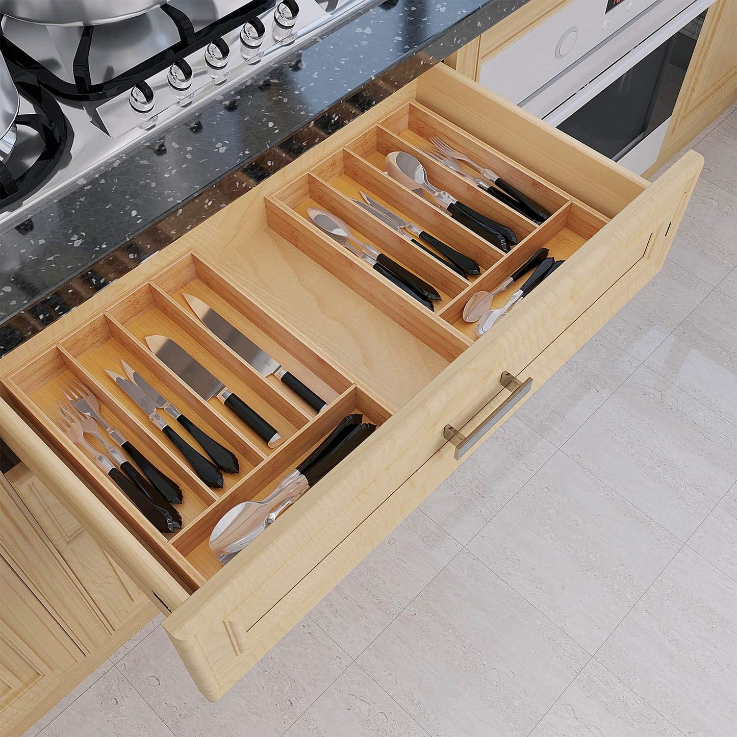 BAMEOS Utensil Drawer Organizer, Cutlery Tray Desk, Silverware Holder Kitchen Knives Tray, 100% Pure Bamboo Cutlery in Natural Color (9.75)
