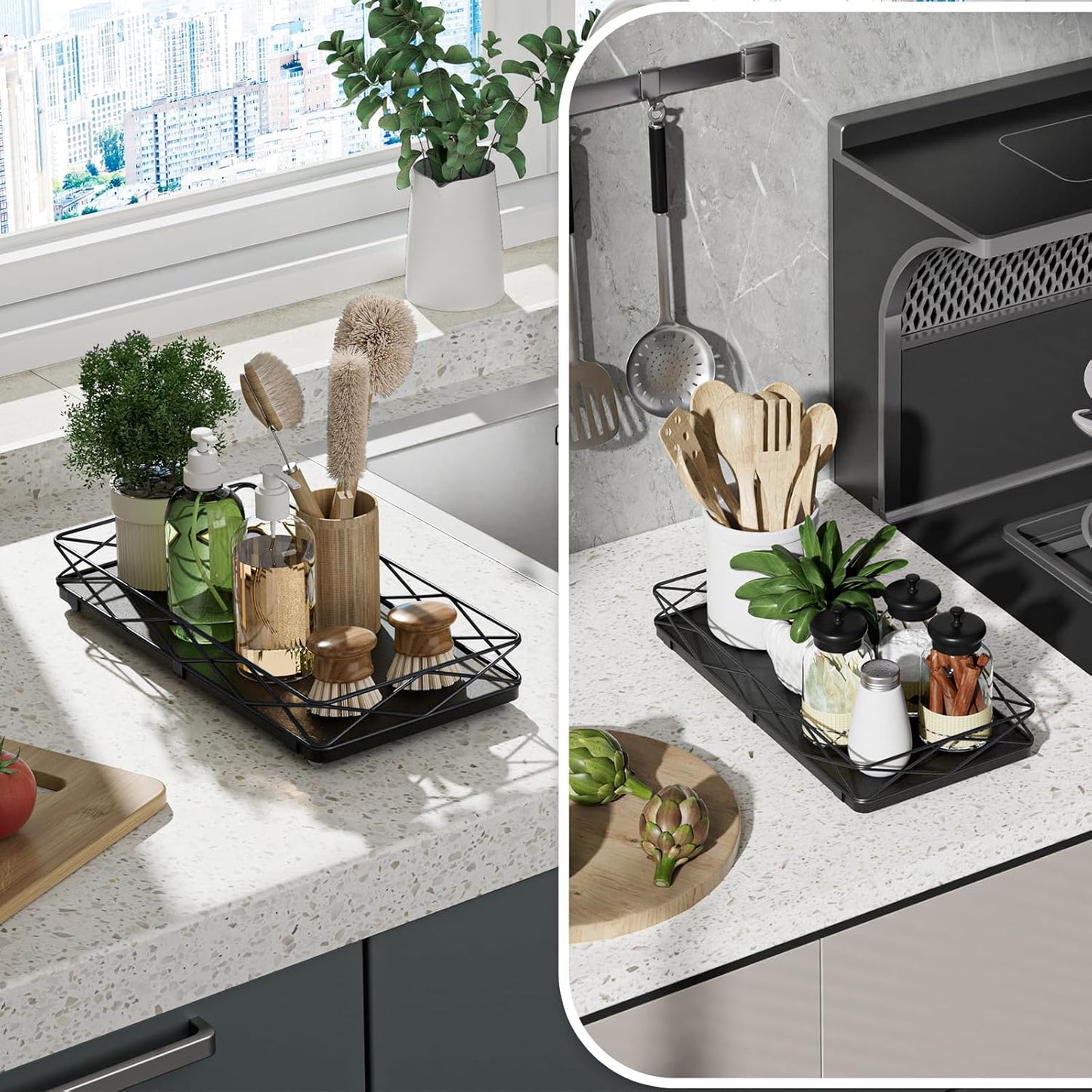 Toilet Paper Basket Holder, 13" Bathroom Tray Countertop, Wood and Metal Toilet Tank Tray Bathroom Vanity Organizer for Toiletry, Kitchen Sink Organizer for Soap Dispenser (Black)