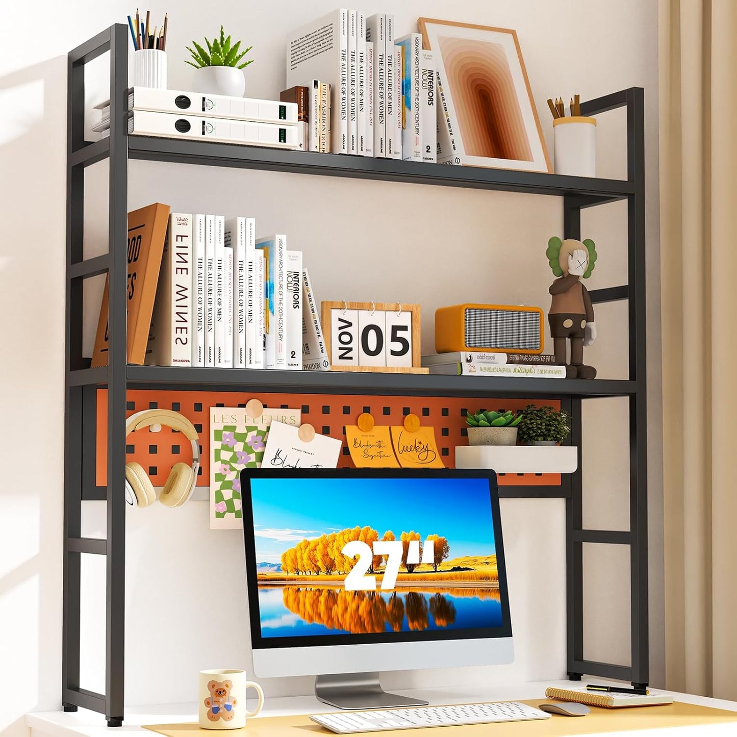 Desk Shelf, 35.43" Desk Hutch Bookshelf, Desktop Shelf with Pegboard for Computer Monitor, Metal Desktop Hutch Storage Organizer for Dorm Home Office, 2 Tier Bookcase, Black