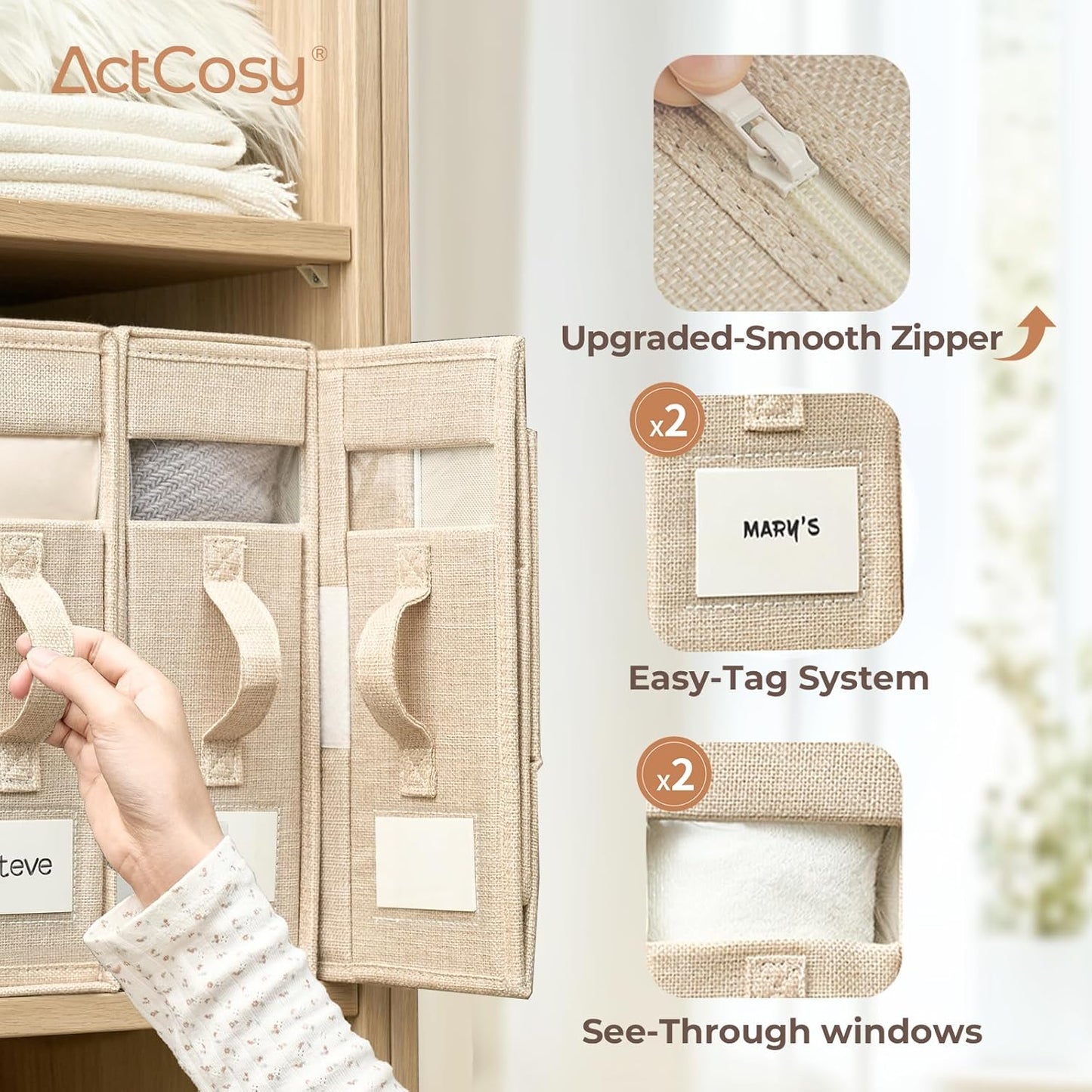 Sheet Organizers and Storage with Handles – Foldable Linen Closet Storage for King & Queen Sheet Sets – Clear Window & Removable Labels – Dustproof & Space-Saving Design, 8 Pack, Beige