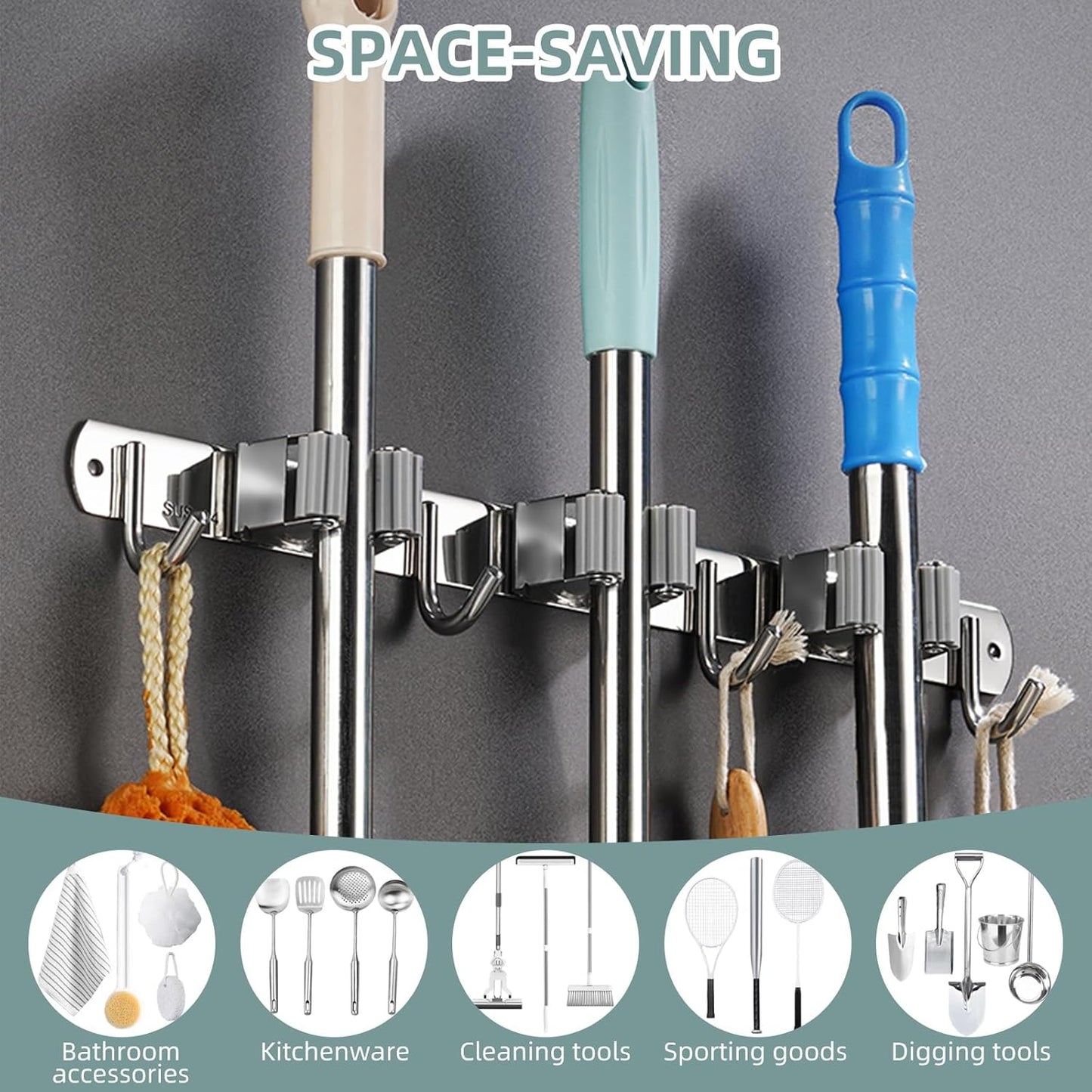 Mop and Broom Holder Wall Mount, Stainless Steel Broom Mop Hanger, Wall Mounted Garden Tool Rack Organizer for Garage Closet Laundry Room Kitchen Decor (3 Racks with 4 Hooks, Silver)