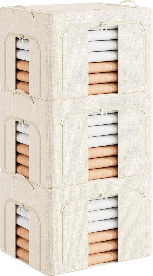 Pinkpum 3 Pack Clothes Storage Bins with Metal Frame, Closet Organizers and Storage Boxes, Stackable & Foldable Clothes Organizer Bags with Large Clear Window & Long Carry Handles, Beige 66L