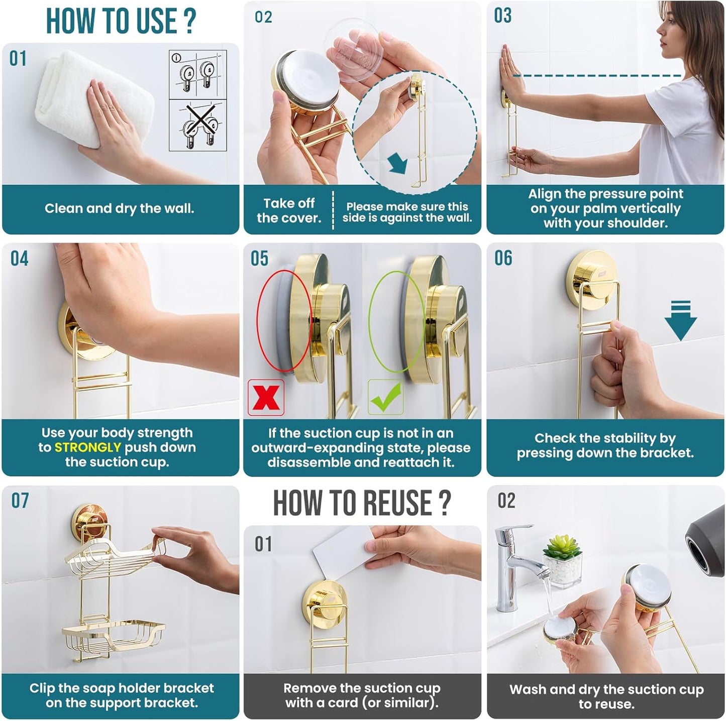 TAILI Double Layer Soap Holder, Bar Soap Dish Suction Cup for Shower Wall, Draining Saver Tray for Bathroom, Rustproof Stainless Steel Sponge Holder for Tub, Kitchen, Drill-Free, Gold