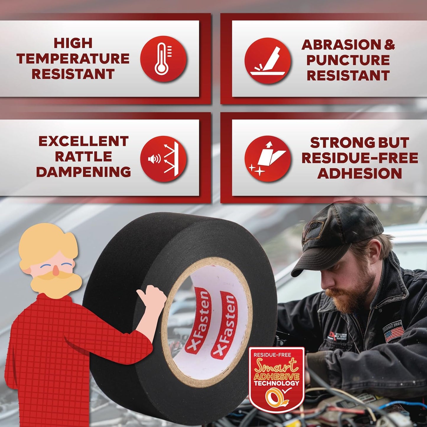 XFasten Wire Harness Tape, 3/4-Inch x 90 Feet, High Temp Wiring Loom Harness, Self-Adhesive Felt Cloth Electrical Tape for Automotive Engines, Noise Dampening, and Cable Protection