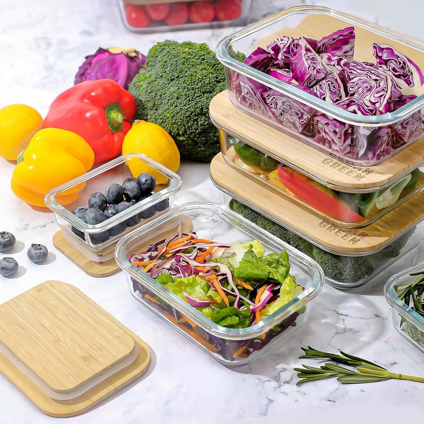 Urban Green Glass Containers with Bamboo Lids, Bamboo Meal Prep Storage Containers with Lids, Oven, Freezer, Microwave Safe, Pack of 4, 35oz