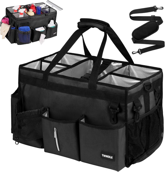 Extra Large Cleaning Caddy Bag with Built-In Support Board, Cleaning Tote Organizer with Removable Divider, Supply Carryall with Adjustable Shoulder Strap and Waist Belt for Cleaners & Housekeeper