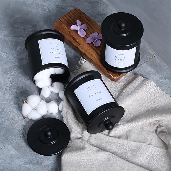 3 Pack Qtip Holder Dispenser, 16oz Bathroom Organizer and Storage Canisters, Glass Apothecary Jars with Lid - Home Decor, Room Decor Aesthetic (Black)