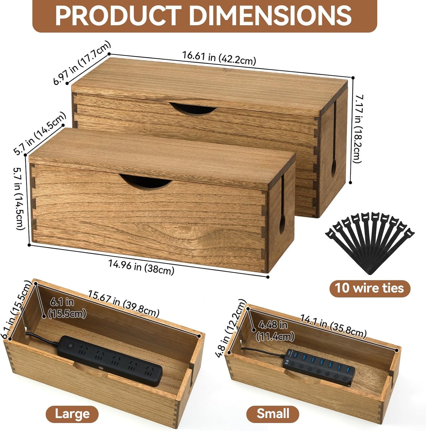 KIRIGEN Cable Management Box Wooden Cord Organizer Hide Power Strip Desk Wires Protector for Home Office TV Computer (DXH2T-DBR)