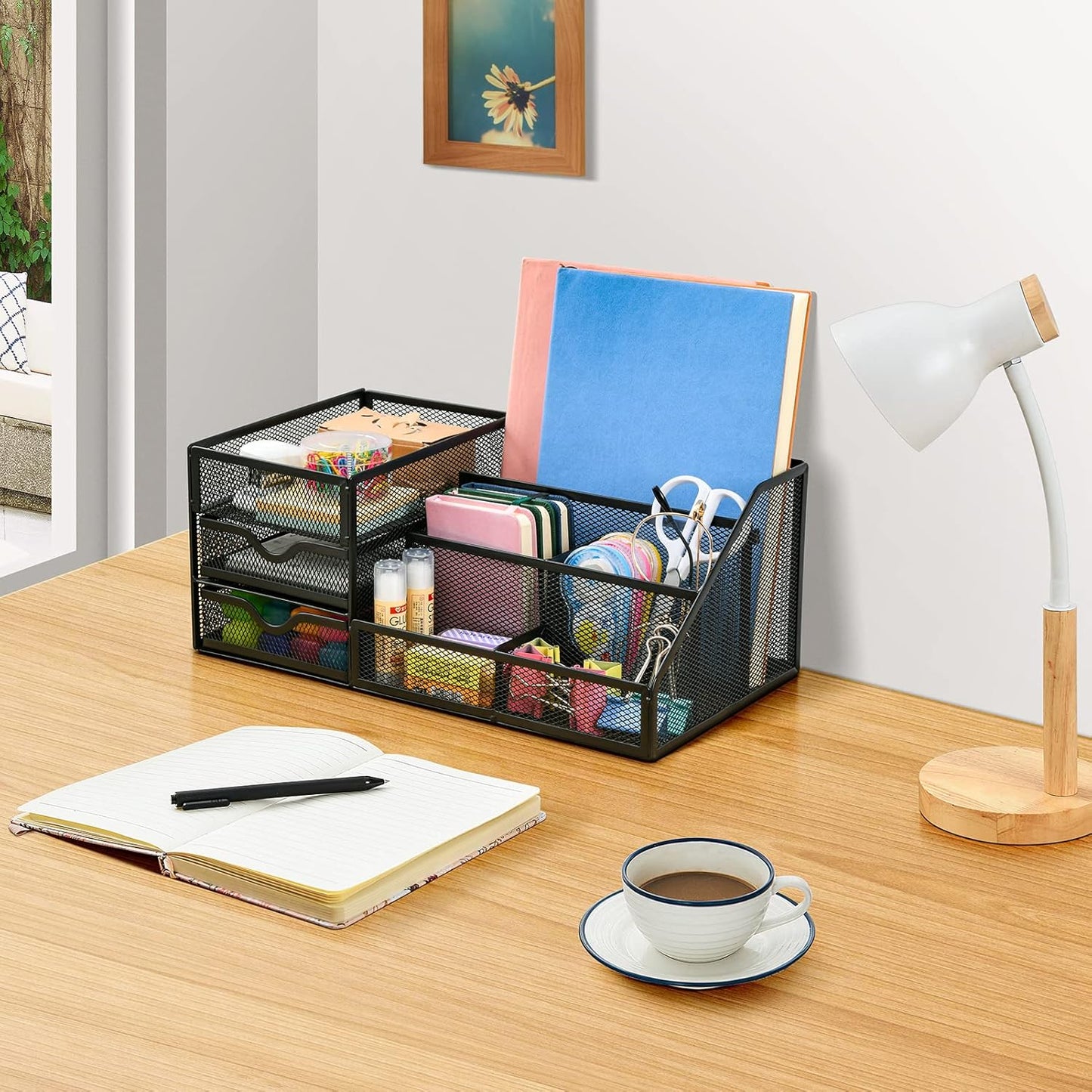 Lavatino Larger Mesh Desk Organizer with Drawers, Multifunctional Desk Organizers and Accessories with 6 compartments + 2 Drawer, Office Desktop Organization for supplies (Black)