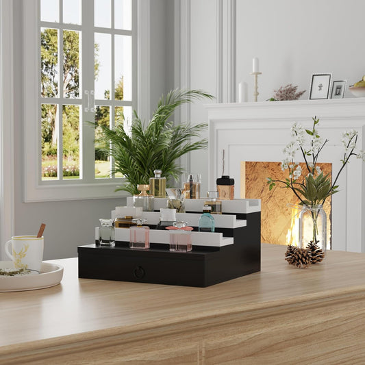 Blisse Cologne/Perfume Organizer, 4-Tier Storage Drawer with Hidden Compartments, Soft-Lined Display Case (Black with White)