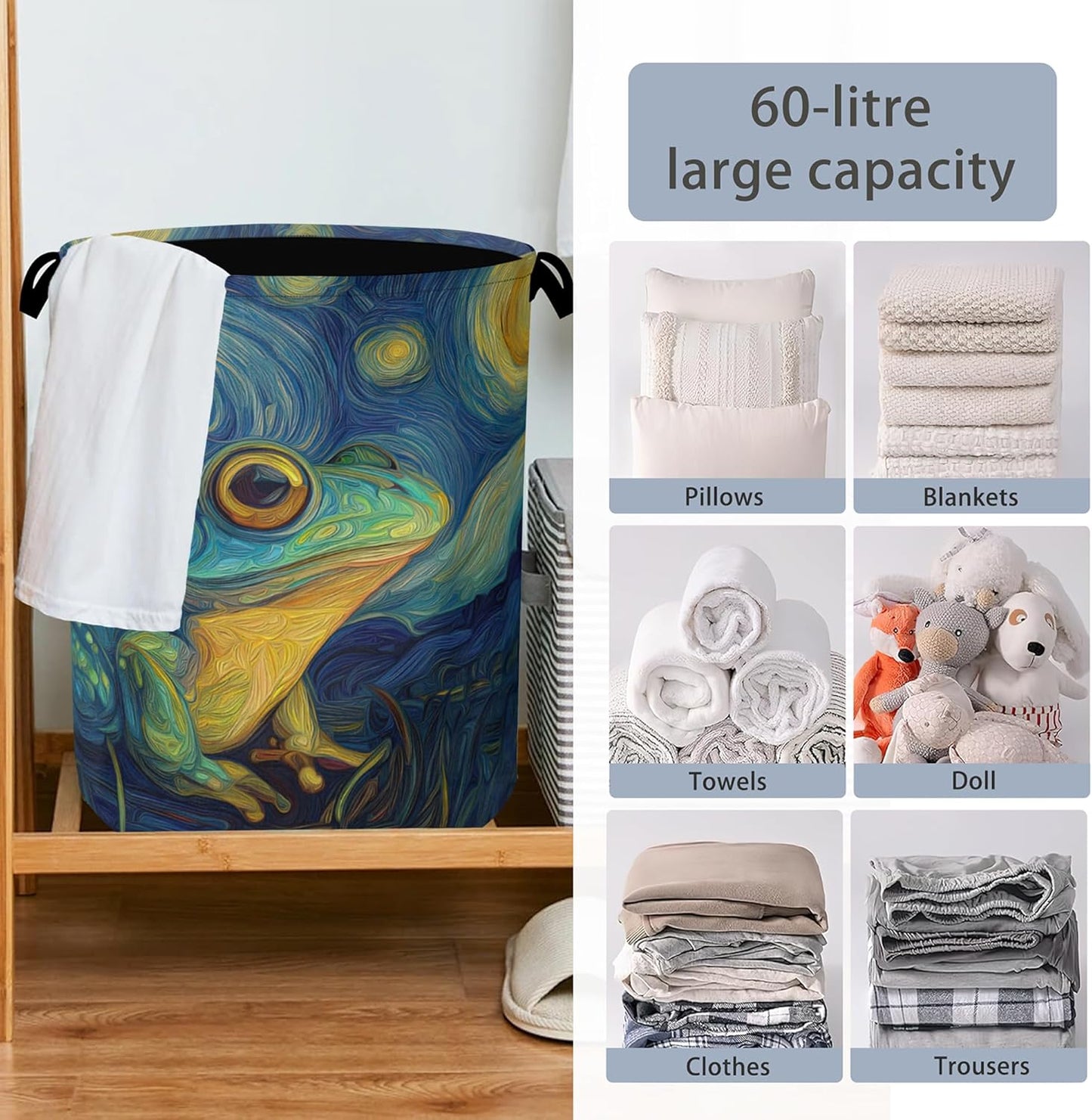 Frog Laundry Basket,Starry Night Moon Foldable Oxford Cloth Tote Bag Laundry Hamper Clothes Storage Bucket Organizer for Bedroom Laundry Storage Dormitories 16" x 20.8"