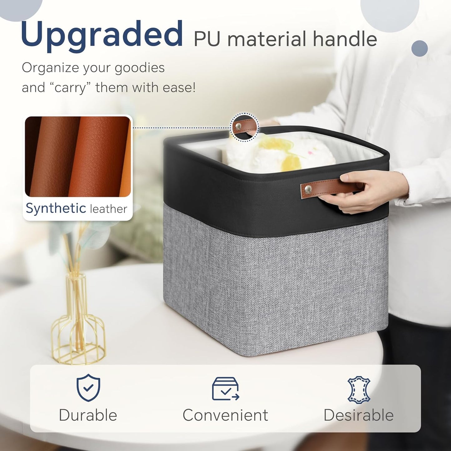 Cube Storage Baskets 6 Pack, 11x11 inch Foldable Cube Storage Bins with Leather Handles for Shelf Closet Nursery Toys (Black/ Gray)