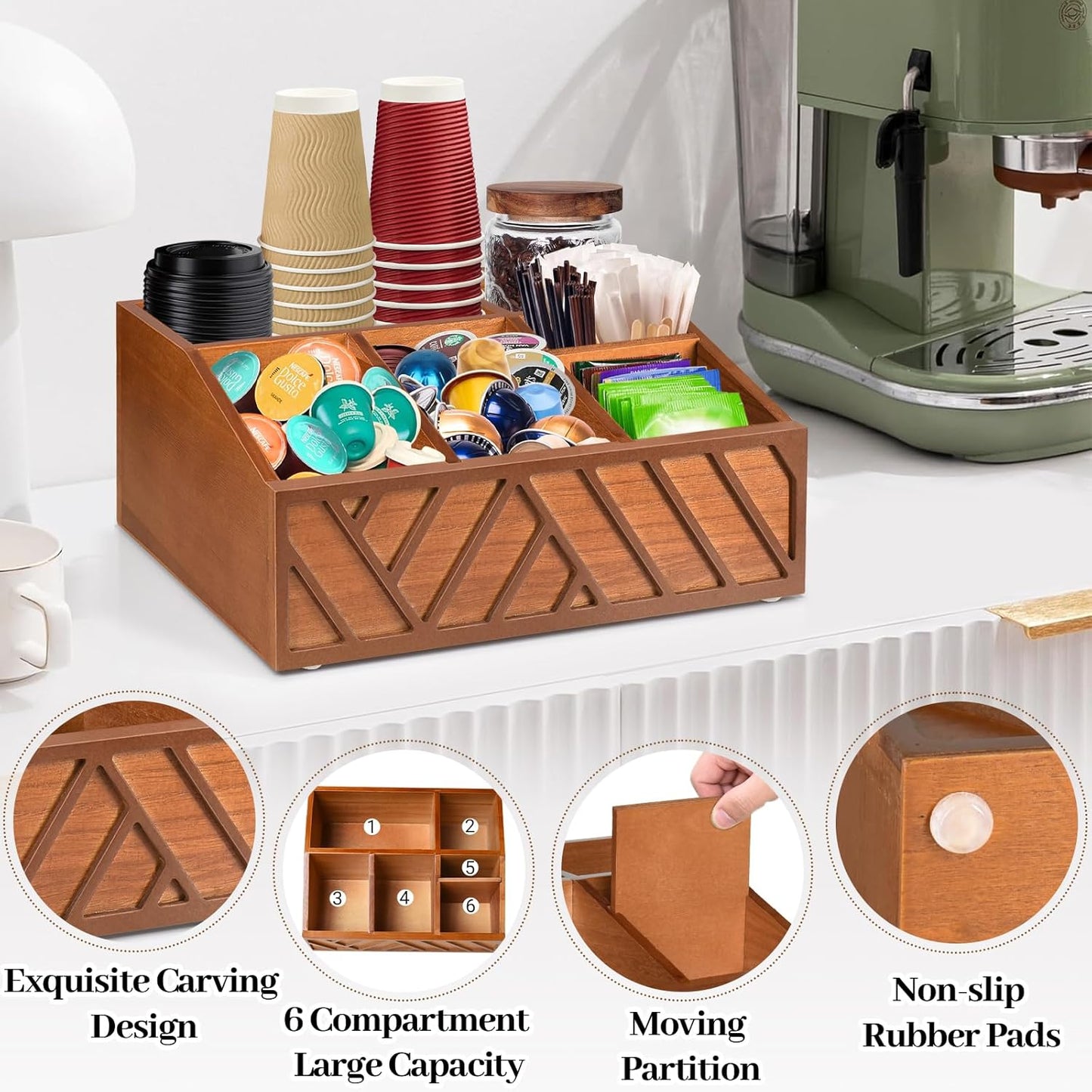 ugiftt Coffee Station Organizer for Counter, Wood Pods Holder Storage Basket, Tea Condiment Storage Organizer, Rustic Coffee Bar Decor for Accessories Organizer