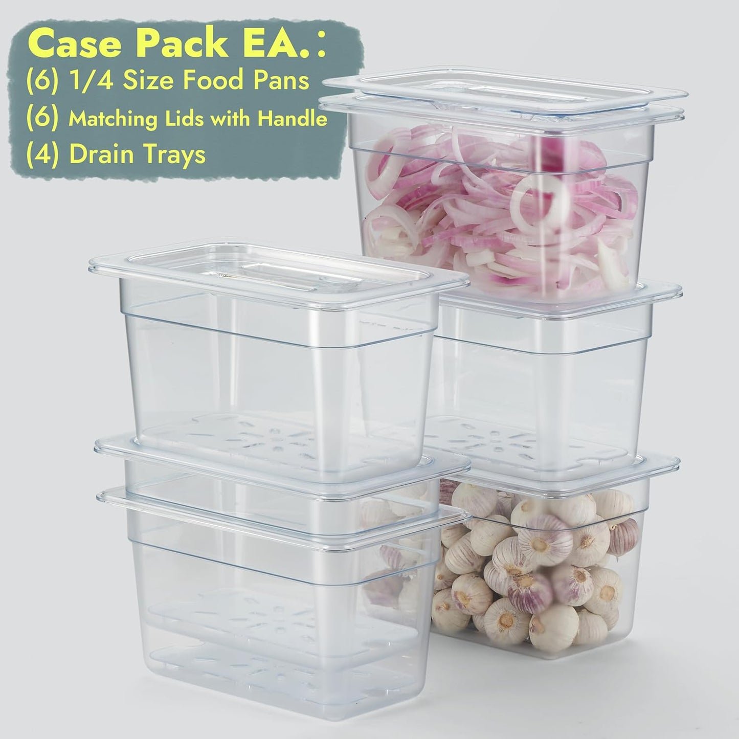 CURTA 6-Pack 1/4 Size 6" Deep NSF Polycarbonate Food Pans with Handled Lids & Drain Trays | Dishwasher & Freezer Safe Clear Container for Prep Tables, Buffet, Salad Bar, Commercial Kitchen