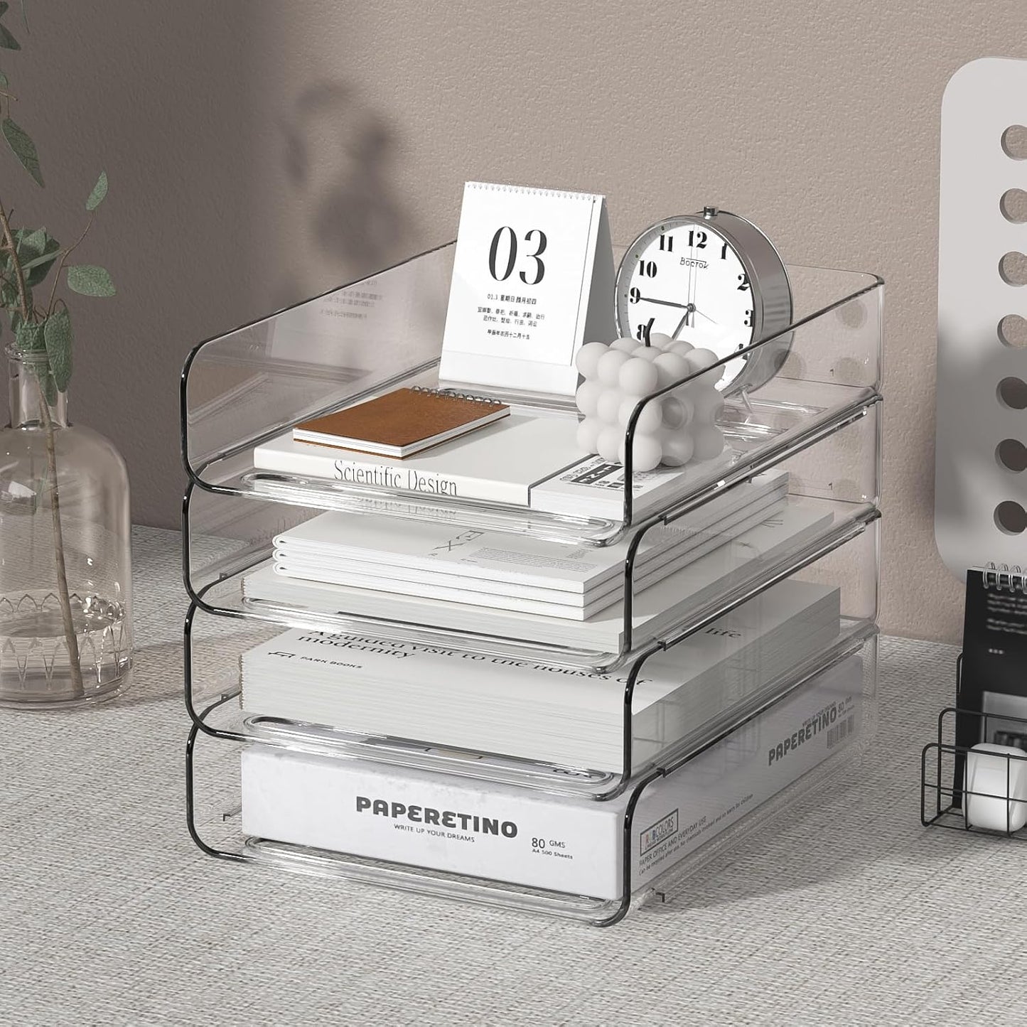 4-Tier Acrylic Paper Tray Organizer | Clear Stackable Desk Organizer for Documents, Letters, A4 Paper | Modern Office/Classroom/Home Organization
