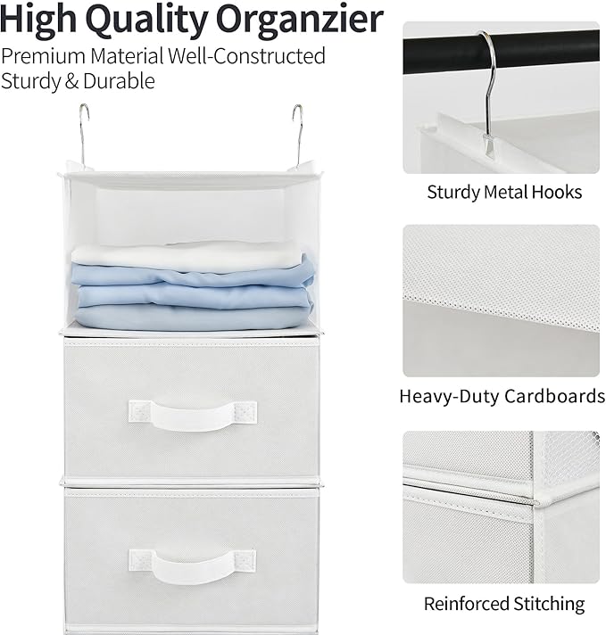 GRANNY SAYS Hanging Closet Organizer and Storage, 6 Shelf Clothes Organization with Drawers, 6 Side Pockets Closet Hanging Shelves for Bras, Socks, Underwear, Nursery Room, Wardrobe, White, 1-Pack