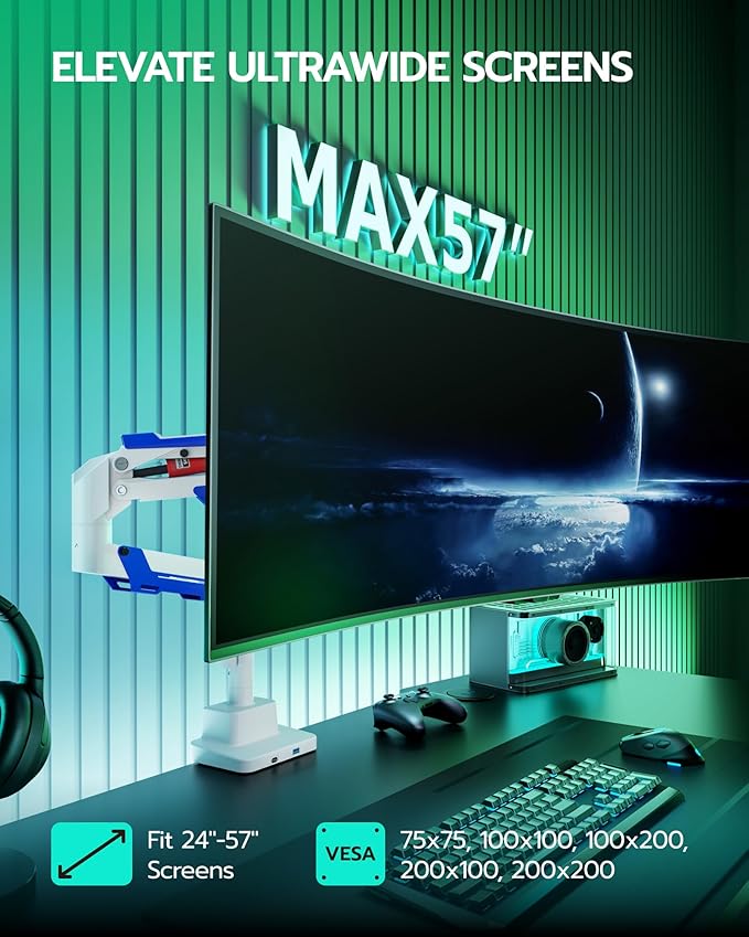 ARES WING Single Monitor Mount with USB, Ultrawide Monitor Arm for 24 to 57 Inch Heavy Duty Curved Screen, Adjustable Gas Spring Monitors Arm Stand up to 66LBS with 75/100/200 Vesa Mount, White