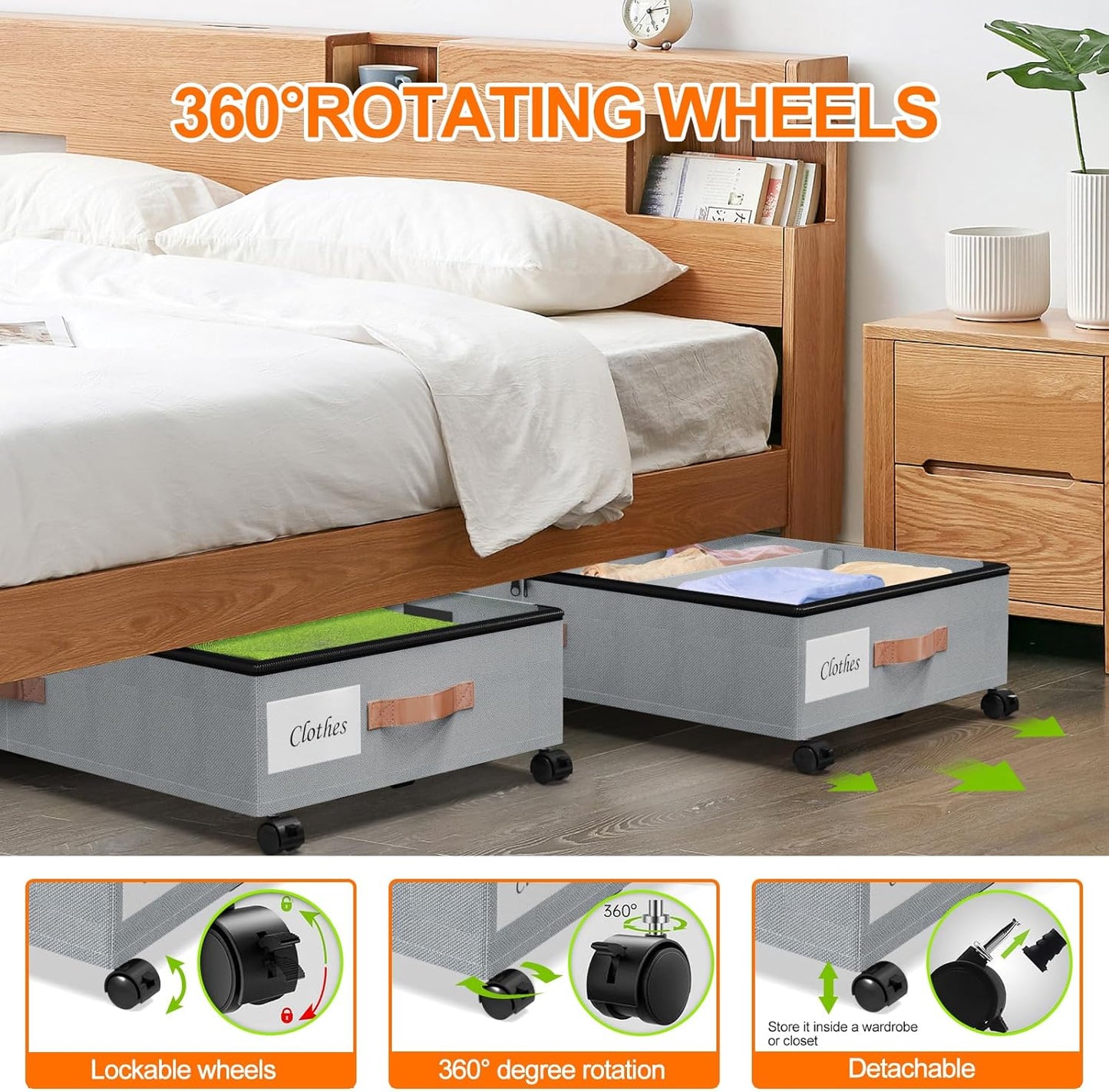 Under Bed Storage with Wheels, 4 Pack Under Bed Storage Container with Dividers & Clear Lids, Under the bed storage Organizer Bins,Underbed Storage with Wheels for Clothes,Toys,Shoes (GREY)