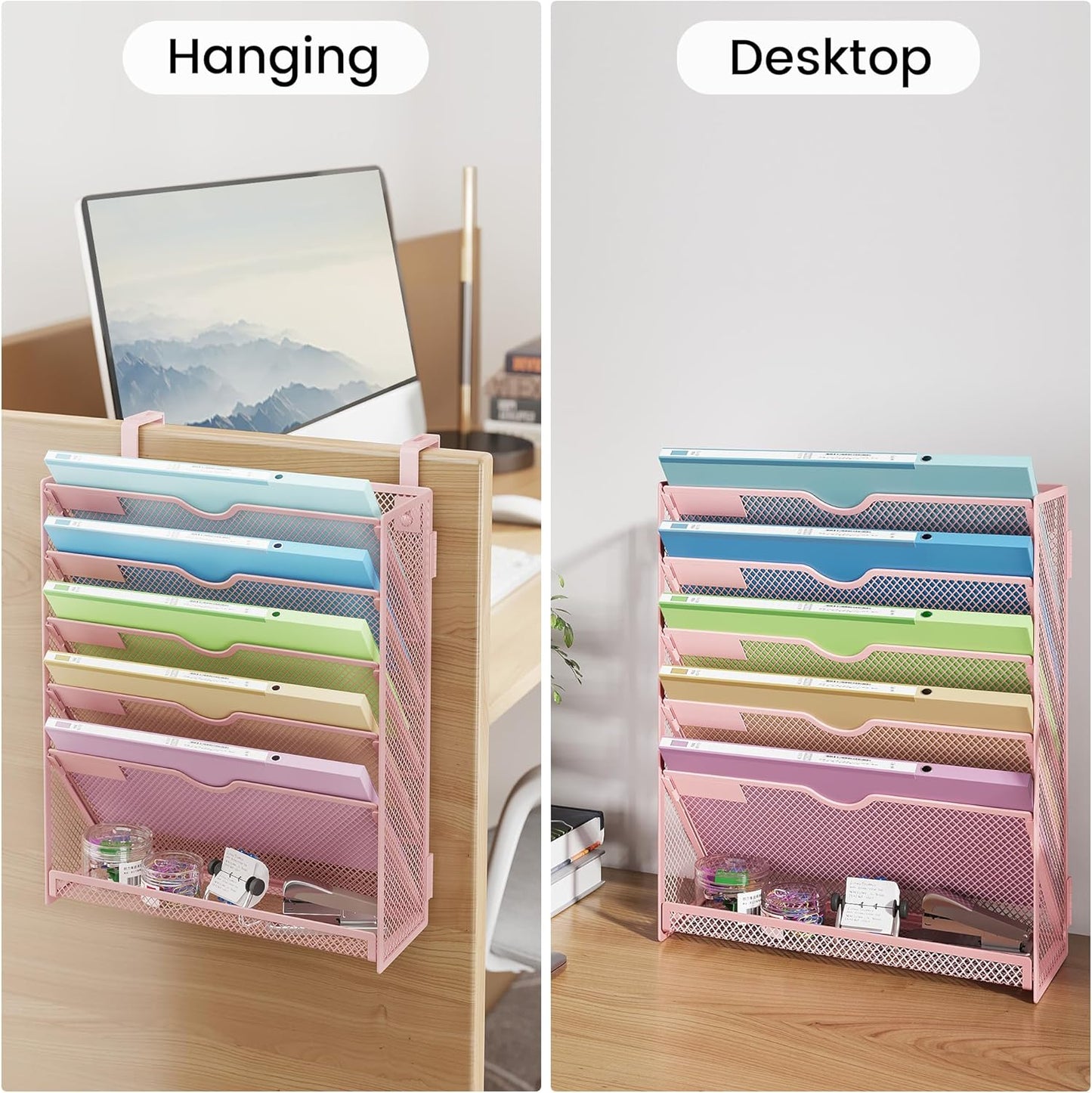 Hanging Wall File Organizer for Wall Mounted Mail Paper Folder Holder Document Organization Stand Desk File Organizer Tray for Office & Home Cubicle Countertop 6 Tier Pink