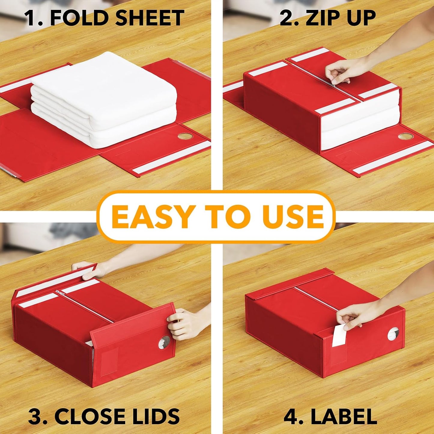 SpaceAid 4 Pack Bed Sheet Organizers and Storage, Foldable Sheet Organizer for Linen Closet, Sheets Set Folder Keeper with Window XL (Queen & King Size) Bedding Container (Red, 4 Pack)