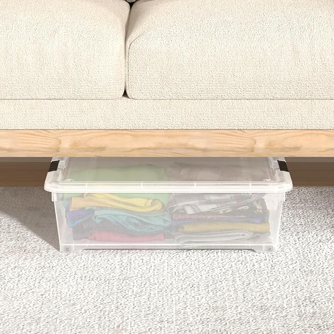 Sandmovie 4-Pack 25 Qt Plastic Under Bed Storage Organizer Bin with Latch Lids and Wheels, Underbed Plastic Container, Clear