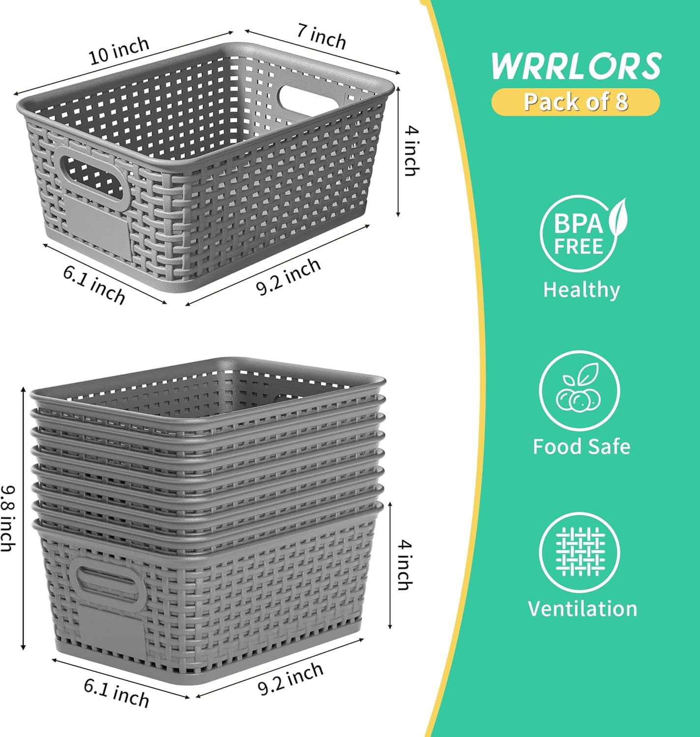 8-Pack Grey Plastic Storage Baskets with Lids, Label Organizers, Stackable Organizer Containers: For Organizing Shelves, Drawers, Desk Closets, Playrooms, Classrooms, Offices