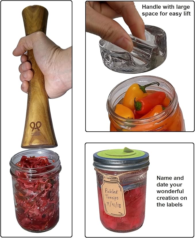 Canning kit. Complete DIY fermentation kit for wide mouth mason jars or pickling jars for 7 sets. Glass weights, tamper, airlock lids, and recipe included.