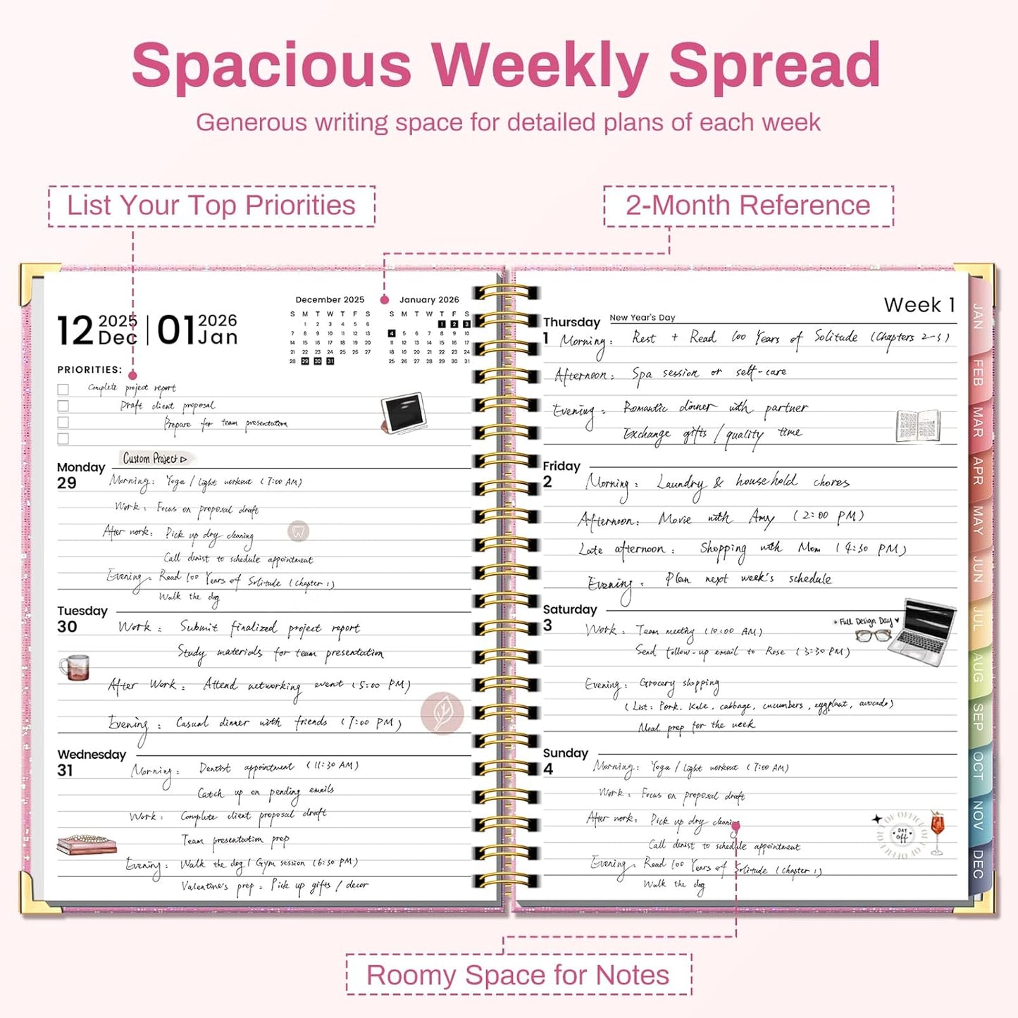 2026 Planner Hardcover Weekly & Monthly Calendar Planner for Women Jan 2026 - Dec 2026 8.5" x 11" Daily Agenda Book with Tabs Spiral Bound Inner Pocket Perfect for School Office, Pink
