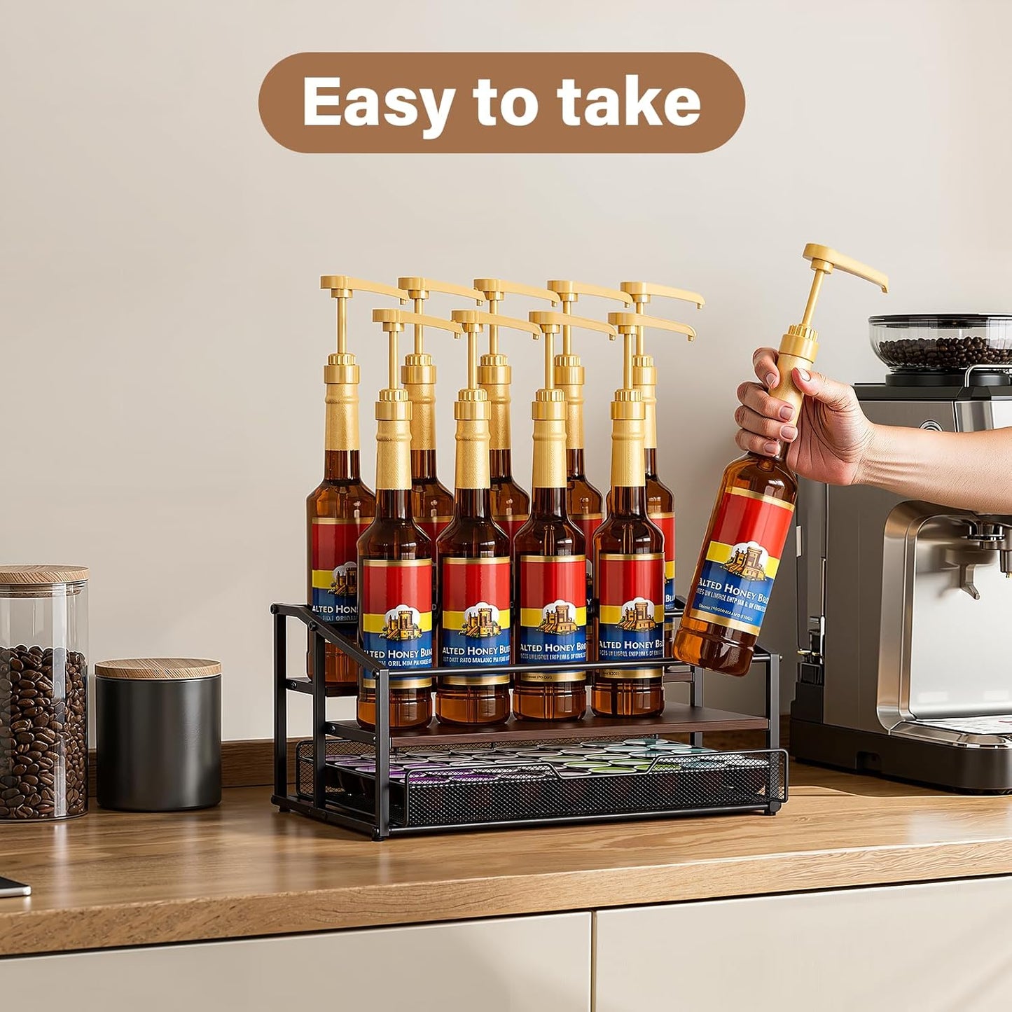 Coffee Syrup Rack Organizer, 3-Tier 10 Bottle Syrup Rack with 35 K Cup Darwer for Coffee Bar, Countertop Bottle Holder Stand for Dressing for Kitchen Cafe Station