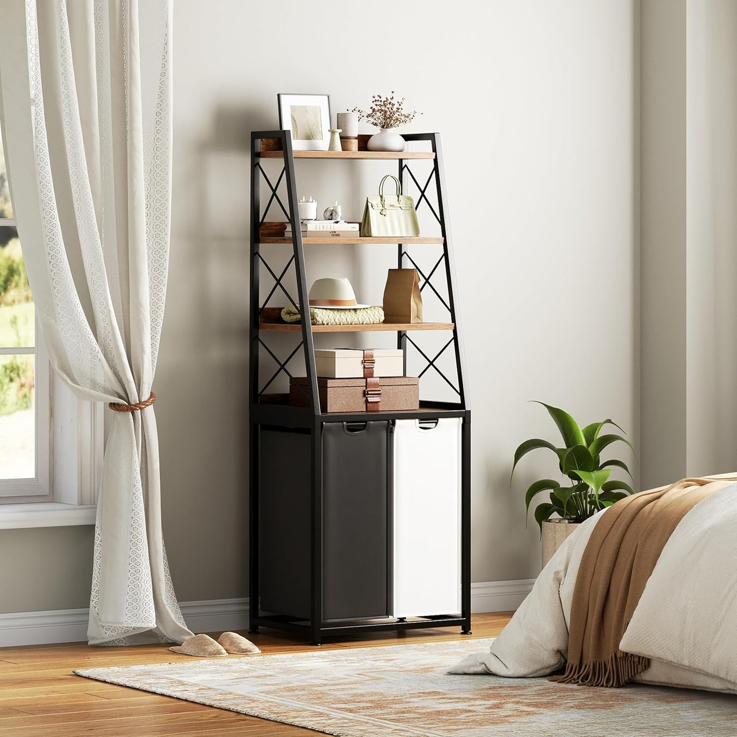 Laundry Basket, 2 Section Laundry Hamper with 4 Tiers Shelf, Pull-Out and Removable Laundry Bags, Large 2 x 15.87 Gallons, for Bedroom Bathroom Rustic Brown PF11XLN