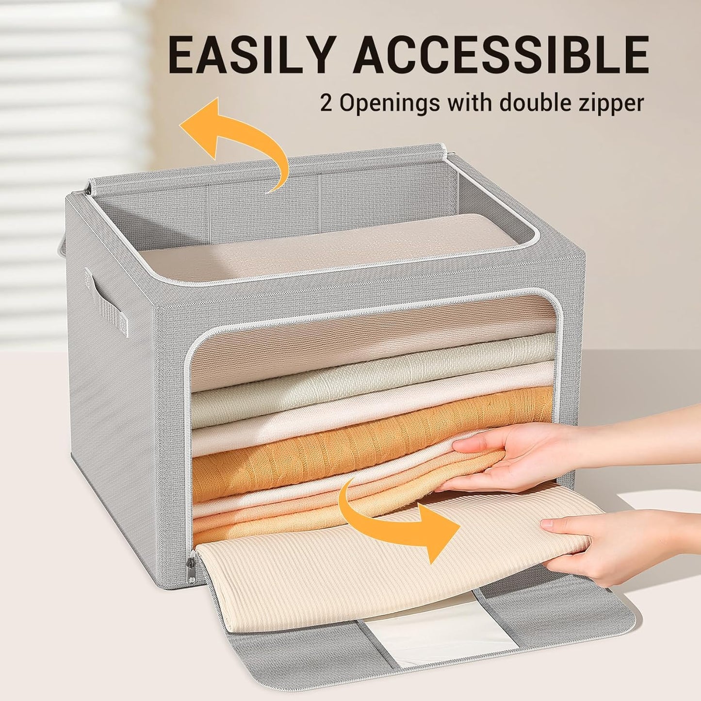 Clothes Storage Bins with Metal Frame Foldable Storage Box Clothes Organizers Storage Containers for Clothes Sheets Blankets Books Toys Gifts and Holiday Decorations (66Lx3 Pack)