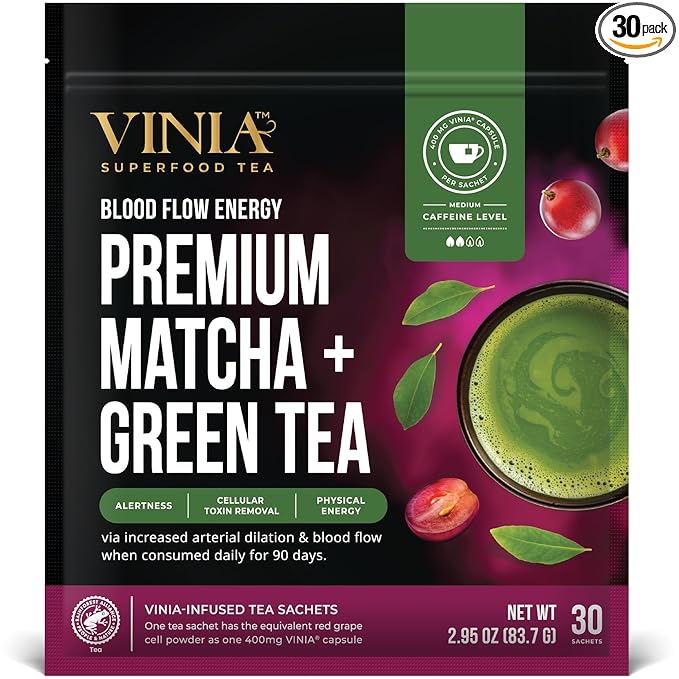VINIA Premium Matcha + Green Tea Bags, Made with Organic Tea, Infused with Piceid Resveratrol for Heart Health, Nitric Oxide, Physical Energy, Alertness, Blood Flow, Keto, Kosher, NON-GMO. 30 Ct