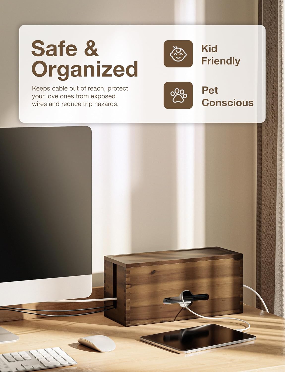 Acacia Large Cable Management Box - 15" L Cord Box Hider, Power Strip Box for Office - Cable Hider Box, Surge Protector Box - Wire Box Hider for Desk - 3 Open Slots, Magnetic Lid (Walnut color)