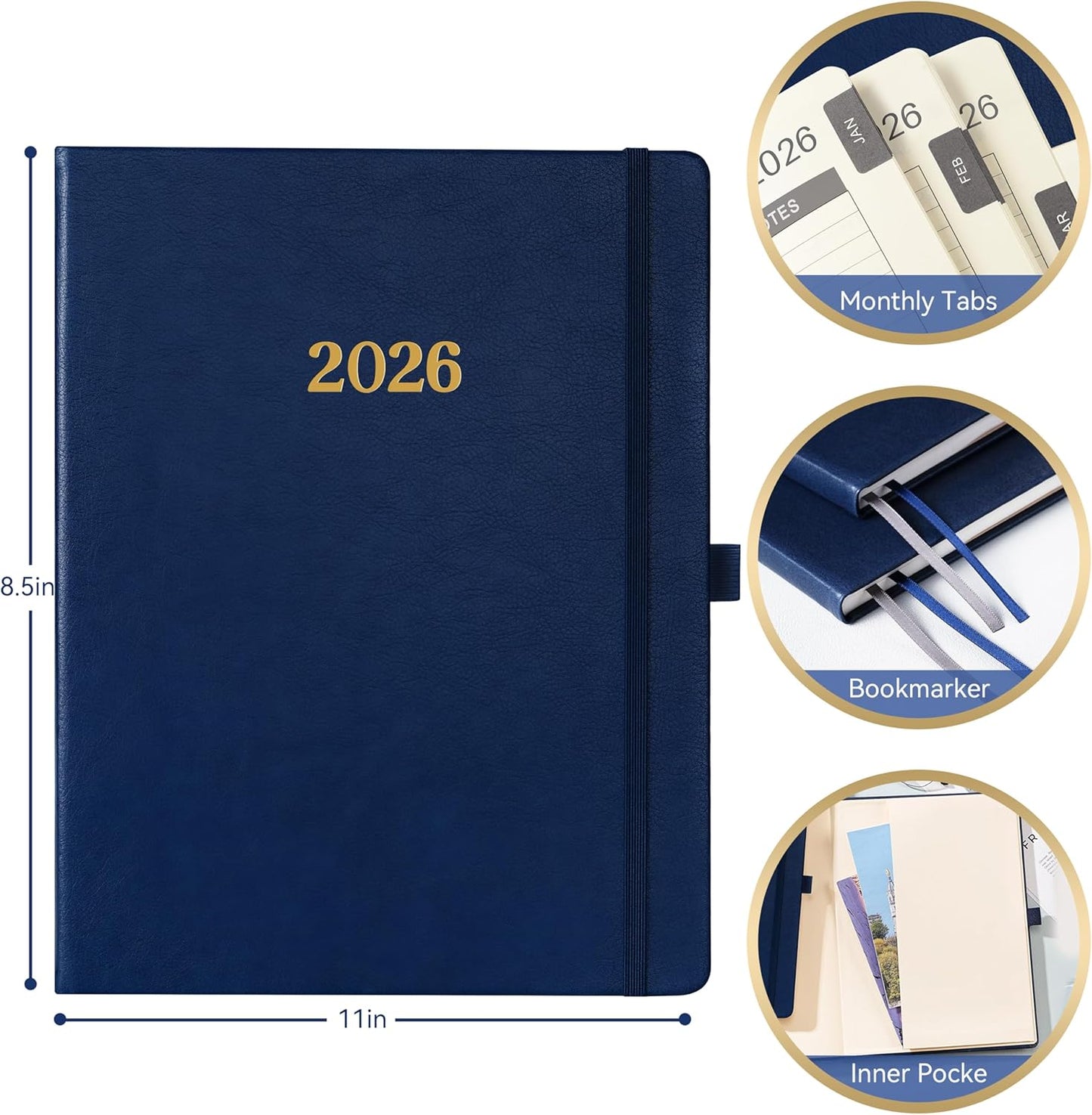 2026 Planner - Planner 2026, Leather Calendar Weekly and Monthly, 9"x11", Jan 2026 - Dec 2026, Leather Hardcover, Pen Loop, Elastic Closure, Pocket - Navy
