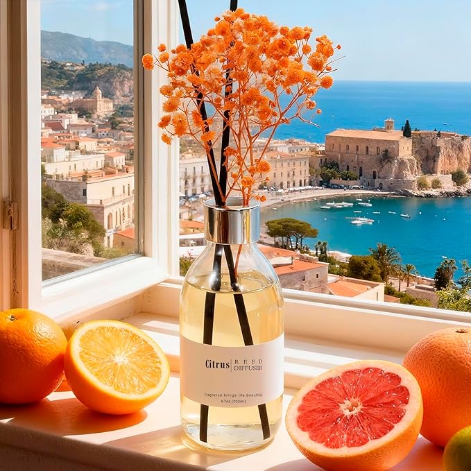 Clesh Reed Diffuser Set, 6.7 oz Citrus Scented Diffuser with Sticks, Home Fragrance Reed Diffuser for Bathroom Shelf Decor