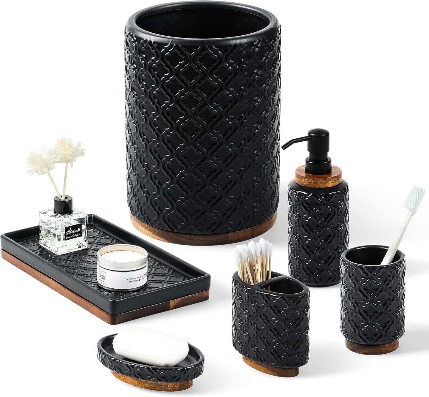 Bathroom Accessories Set 6 Pcs Toothbrush Holder Soap Dispenser Ceramic and Wood Bathroom Set with Trash Can Soap Dispenser Toothbrush Holder Tray Tumbler Soap Dish Black