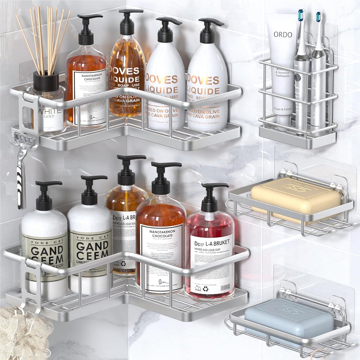 YASONIC Corner Shower Caddy Organizer, 5-Pack Self-Adhesive Rustproof Bath Shelves with Soap Holder & 4 Hooks, Large Capacity Shower Storage Rack for Bathroom Organization, Silver