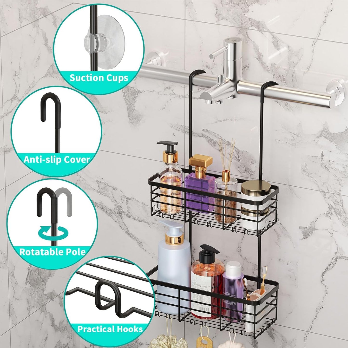 HapiRm Hanging Shower Caddy Organizer - No Drilling Shower Organizer with Hooks, Rustproof & Waterproof 304 Stainless Steel Bathroom Shelves - Black