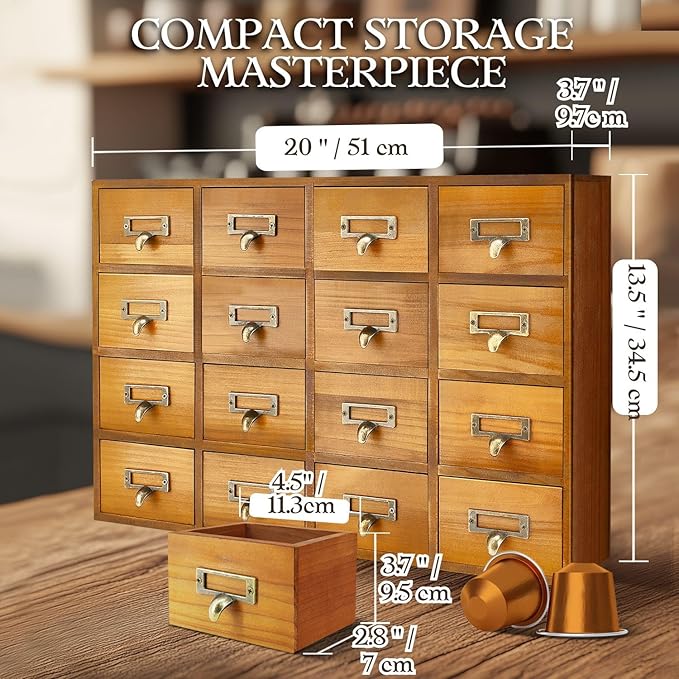 Flexzion Apothecary Cabinet with Drawers - 16 Vintage Apothecary Drawers Desktop Organizer for Home & Office - Wooden Tabletop Library Card Catalog Cabinet Storage for Jewelry, Makeup & Tools, Brown