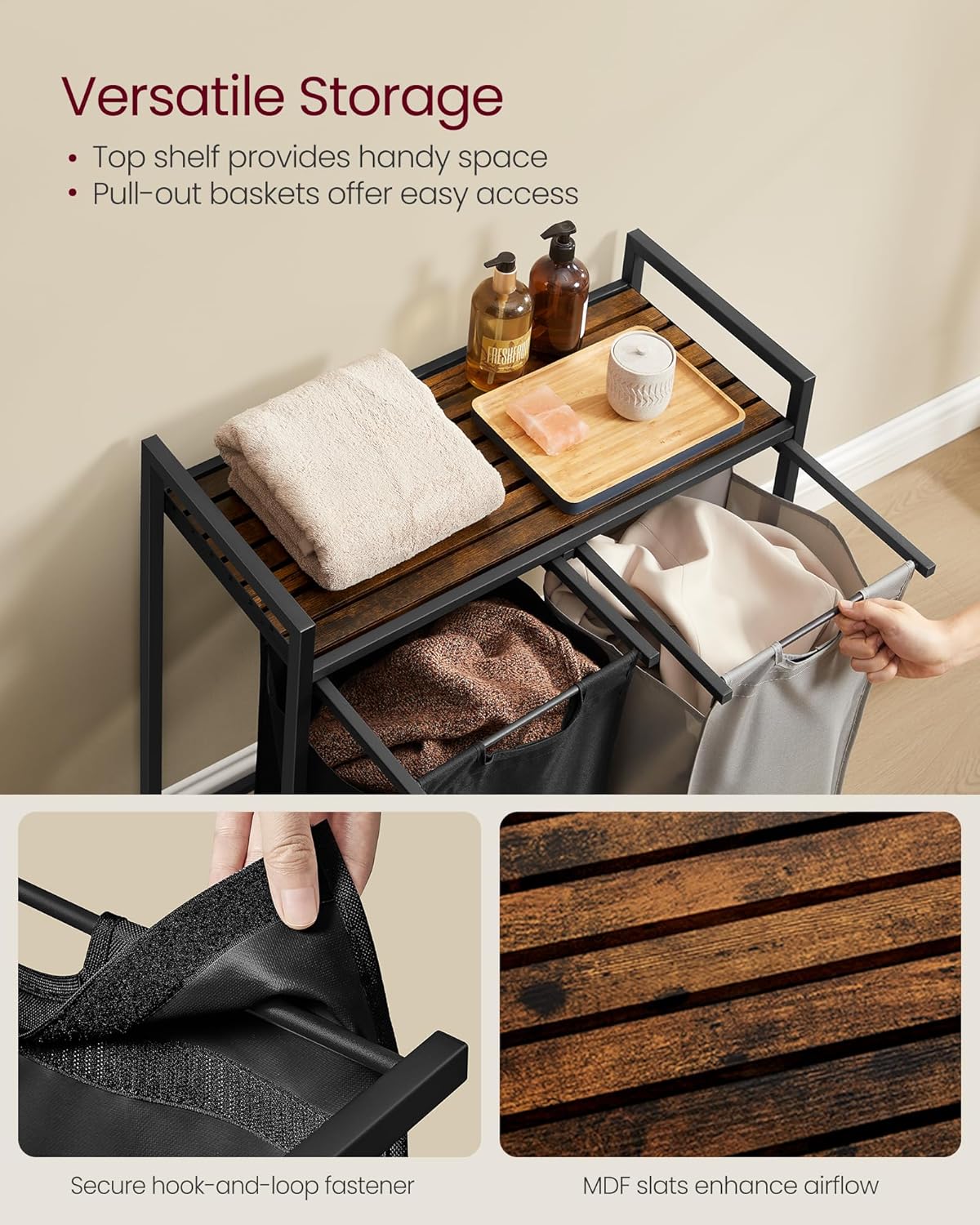 VASAGLE Laundry Hamper, Laundry Basket, Laundry Sorter with 2 Pull-Out and Removable Bags, Shelf, Metal Frame, 2 x 12.1 Gallons (46 L), 28.8 x 13 x 28.4 Inches, Bicolor and Rustic Brown UBLH201X01